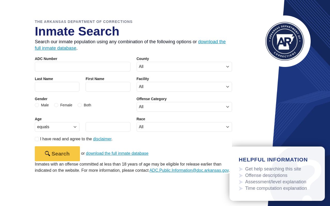 Arkansas ADC search form for Cleveland County correctional records