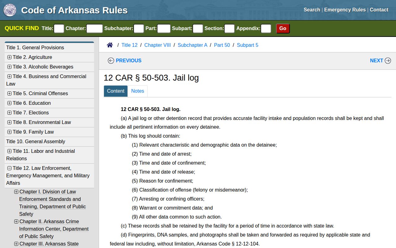Arkansas jail log rule for Cleveland County booking records